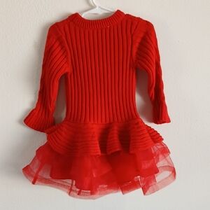 Bonnie Baby Red Ribbed Knit Dress with Tulle Skirt